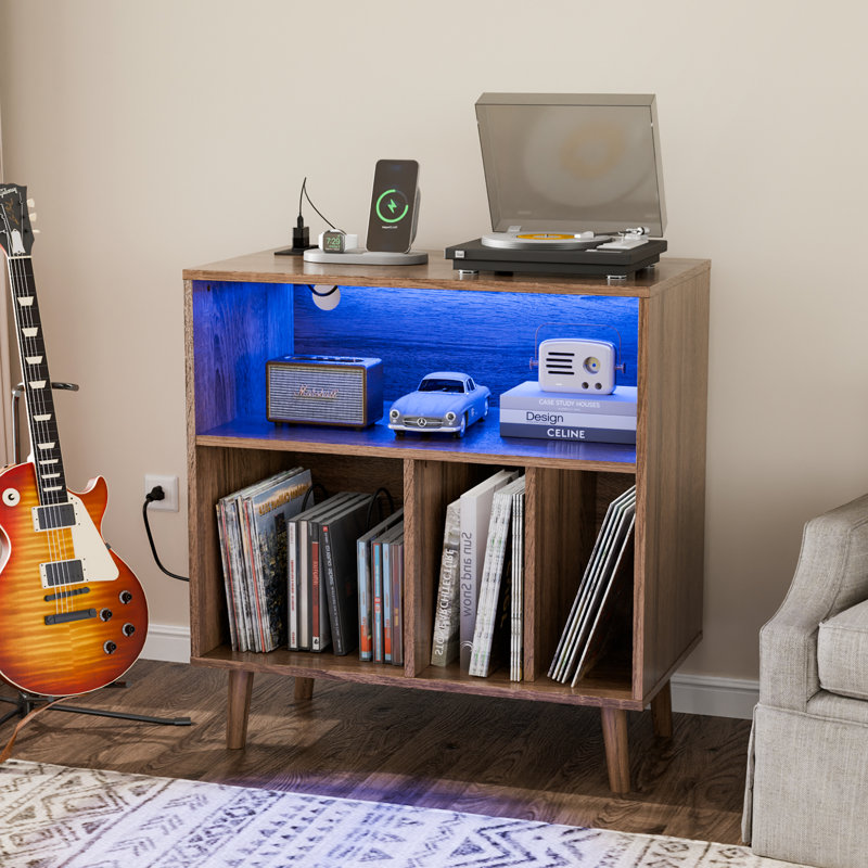 Mathea Record Player Stand with Open Storage with LED Light up to 300 Albums, Brown