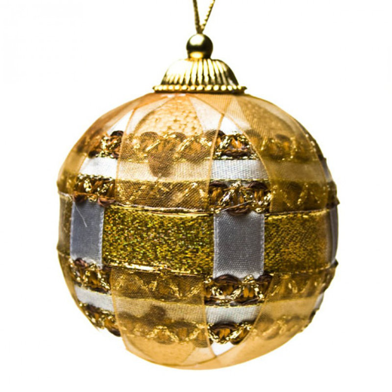 8cm Textile Bauble, Ivory, Gold