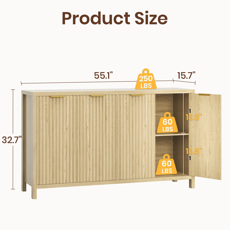 Buffet de 55 po de largeur avec pieds en bois massif, Chêne