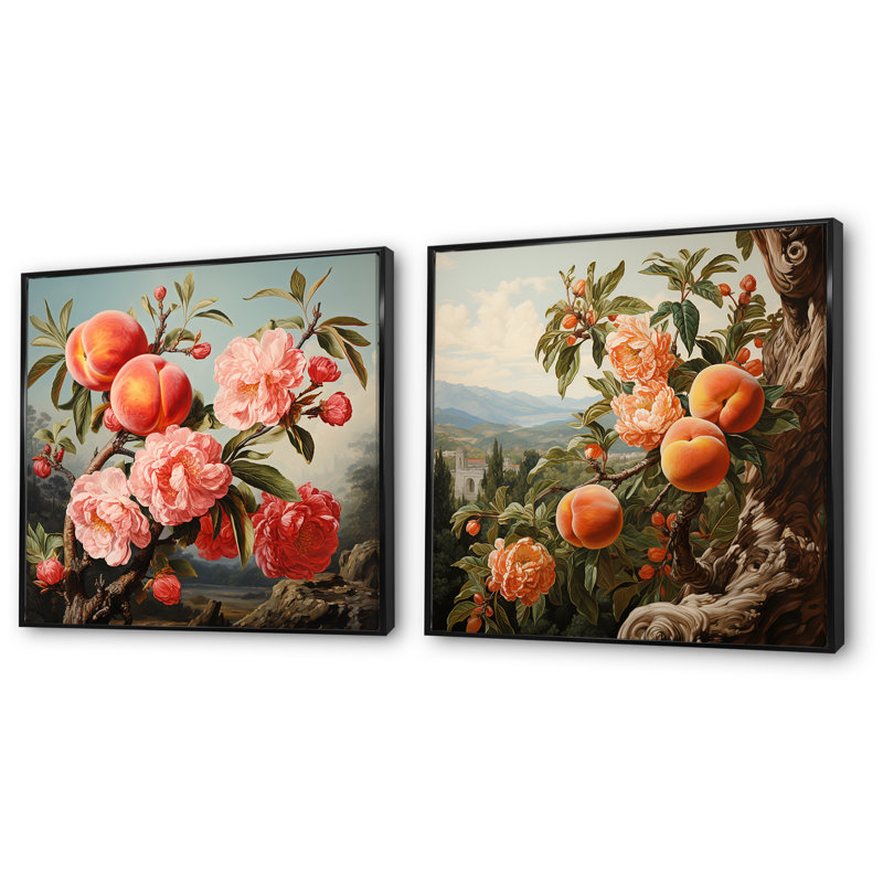 Art de la peinture sur bois Renaissance, ensemble de 2 fruits sur toile I, Cadre flottant noir, H 36 po x l 73 po x P 1,5 po