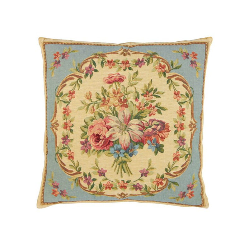 Aubusson Bouquet Tapestry Cushion with Feather Filler , Blue Floral
