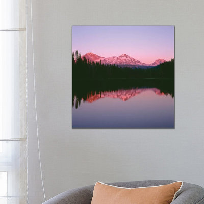 Or, Willamette Nf. Sunset Reddens The Three Sisters Which Reflect In Scott Lake. by John Barger - Wrapped Canvas Print