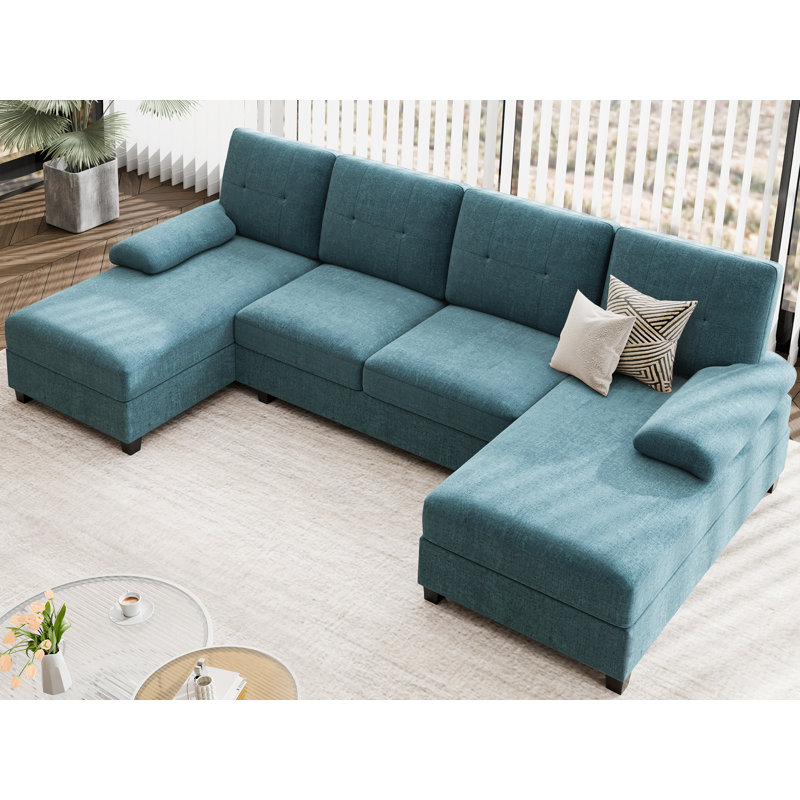 106” Kennaya modular lounge sofa, 4-seater U-shaped modular sofa and double armchairs, Mélange de coton gris