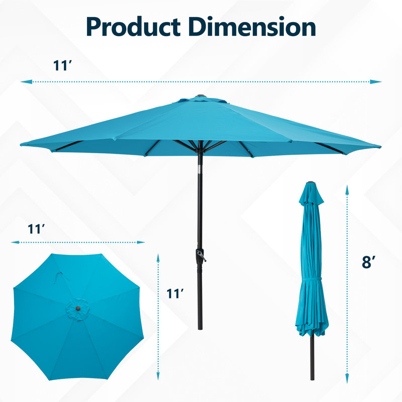 Parasol de patio 11 pi avec bouton poussoir inclinable / manivelle et 8 nervures robustes, Bleu clair