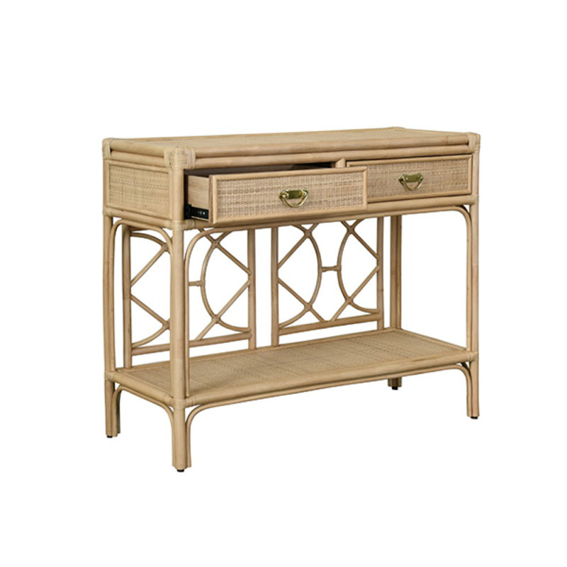 Console à deux tiroirs avec dossier en rotin décoratif, Brun