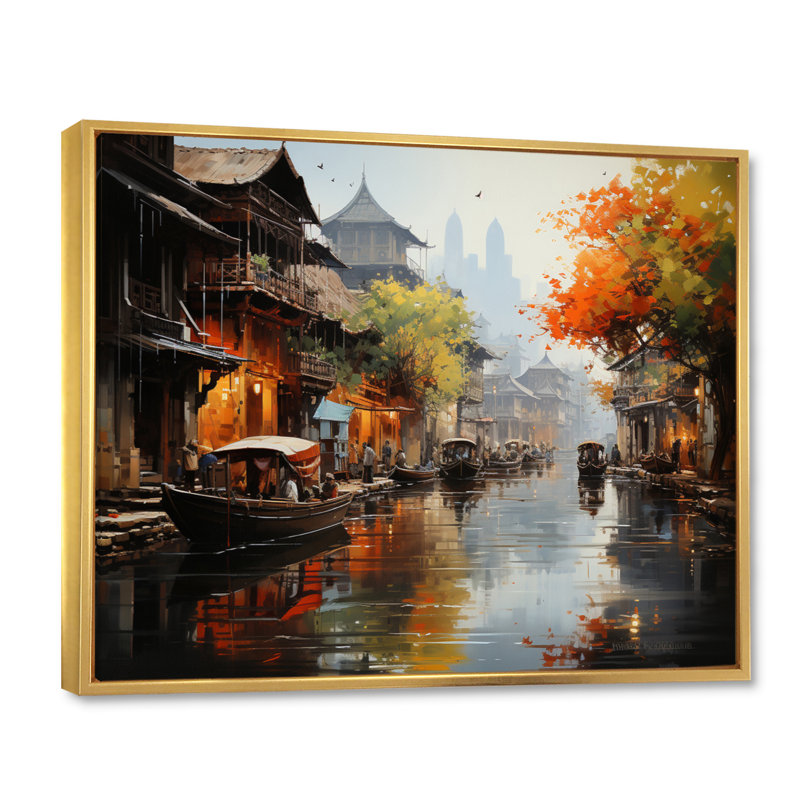 Rythmes du marché flottant du Vietnam I, H 30 po x l 40 po x P 1,5 po, Cadre flottant doré