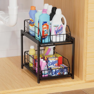 2-Tier Sliding Drawer Organizer For Under Sink Cabinets, Durable Metal Storage Shelf For Kitchen, Bathroom, Or Pantry, Space-Saving Foldable Design