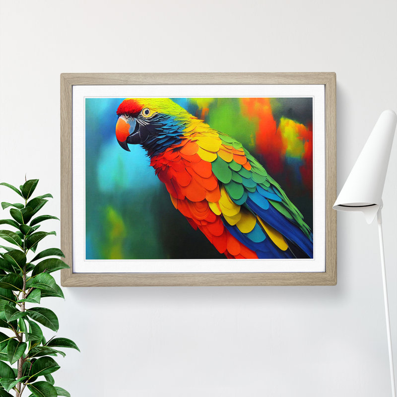 Colourful Parrot Portrait Vol.1 - Single Picture Frame Painting, Oak Framed, 46cm H x 64cm W x 2cm D