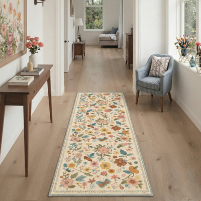 Acker Verdure Floral Machine Washable Beige Indoor Area Rug with Non-Slip Backing