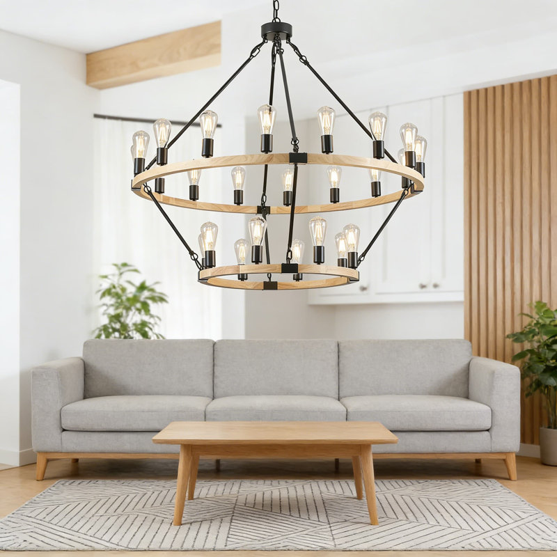 Luminaire de style campagnard en forme de roue de style wagon en bois rustique à 2 niveaux et en métal noir, capacité de 24 lumières pour un salon à haut plafond, une salle à manger, un vestibule et une maison de campagne