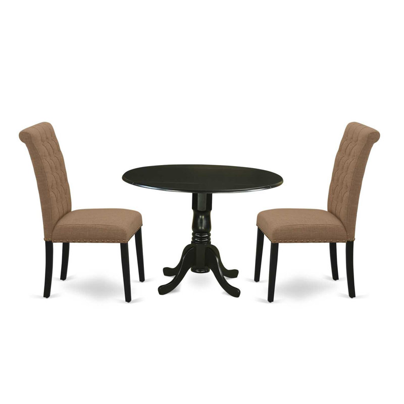 L'ensemble de mobilier de salle à manger 3 pièces comprend une table de salle à manger ronde avec Dropleaf et 2 chaises rembourrées en tissu de lin sable clair, 42 x 42 pouces, noir