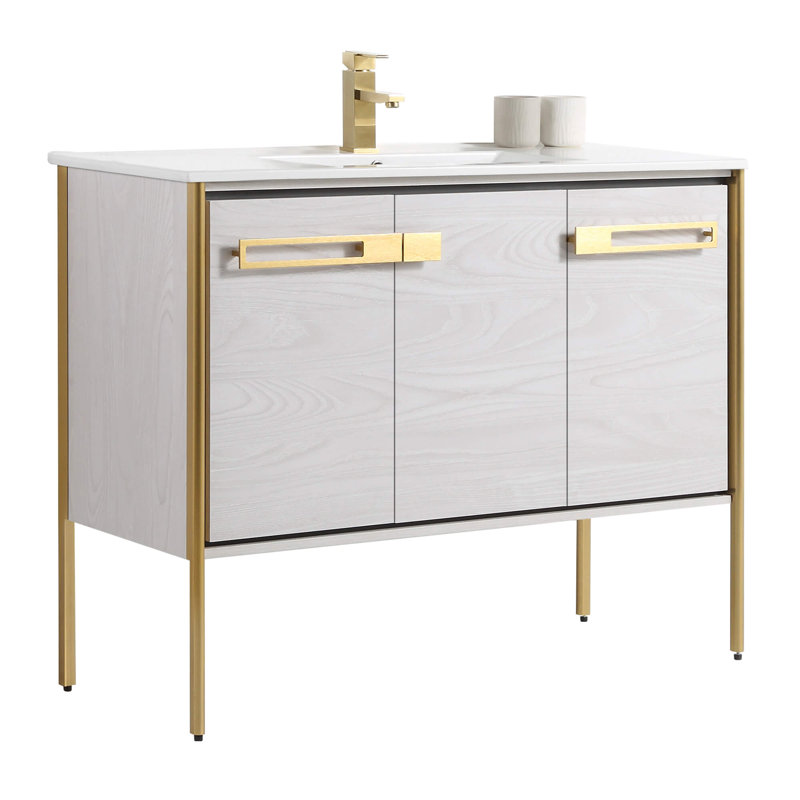 Meuble-lavabo simple 42 po, Laiton satiné, Chêne gris doux