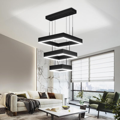 Modern LED Chandelier 3 Ring Dimmable Square Black Adjustable Pendant Ceiling Light Fixture for Foyer, Dining Room, Bedroom, Living Room