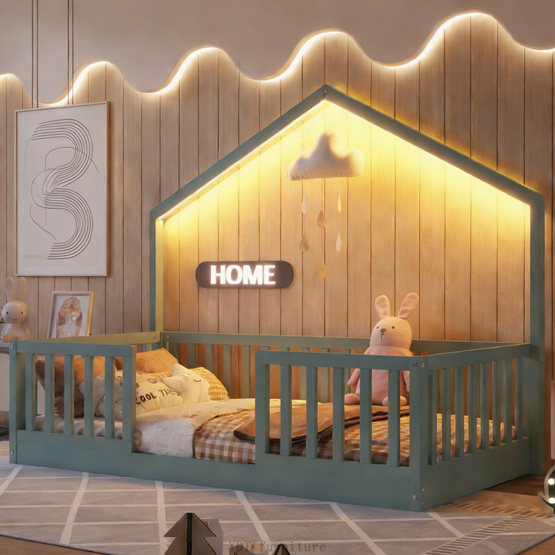 Lit simple en bois Montessori Lit pour enfants avec lumière pour garçons et filles, gris, gris, Simple