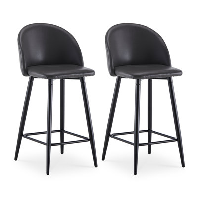 2X Faux Leather Bar Stools, Modern Counter Height Barstools With Back, Footrest And Metal Legs, Dining Chairs For Kitchen Island,Black