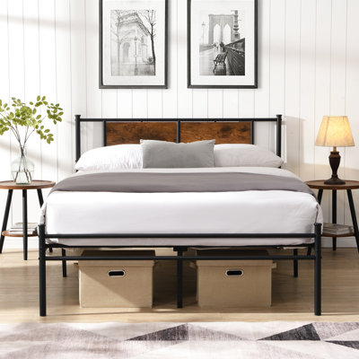 Très grande base de lit avec tête de lit en bois décorée noire, structure métallique en acier pour une utilisation à long terme, bruit, rangement inférieur, étapes d'assemblage simples, pas de sommier tapissier requis, durabilité et calme