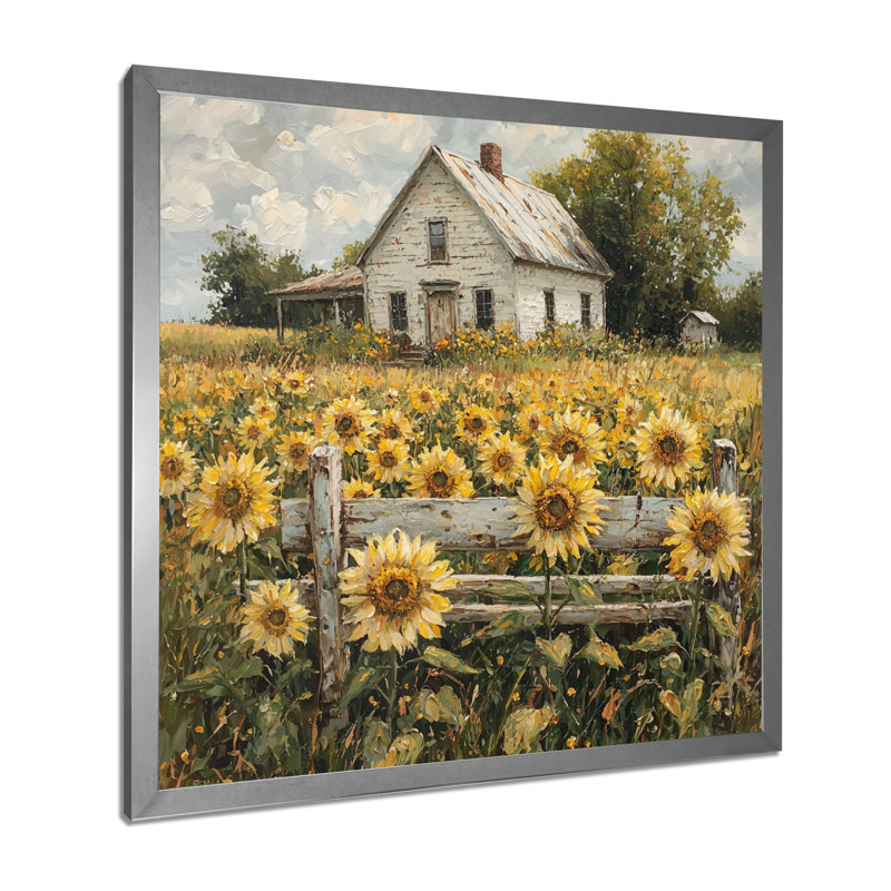 Tournesols par la ferme - décoration murale florale, Reproduction encadrée d'une seule photo, Argent argent