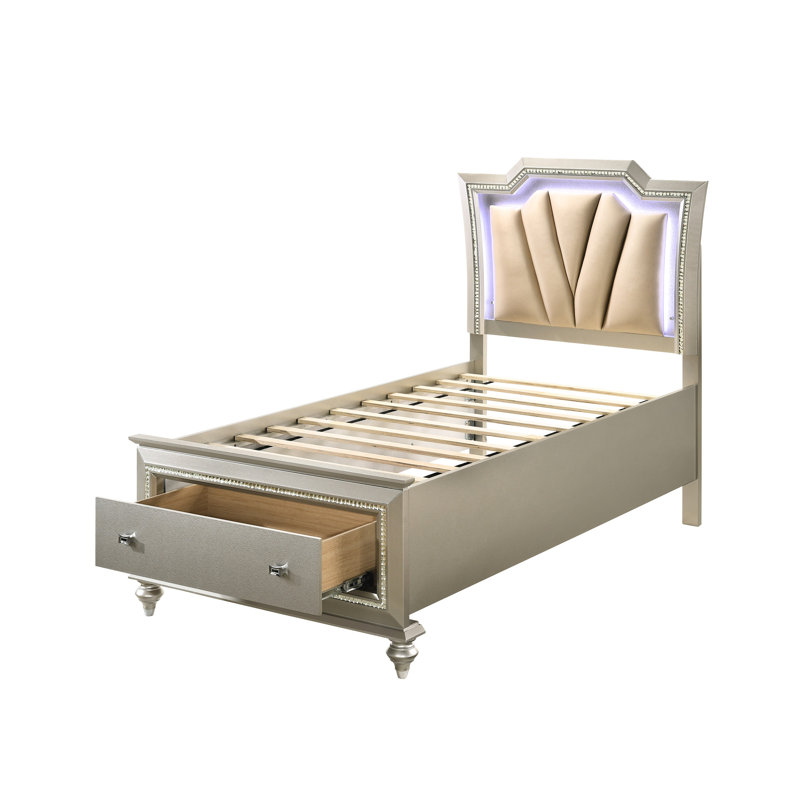 Lit double - Finition champagne, cuir synthétique et cuir moderne luxueux avec rangement à DEL, champagne