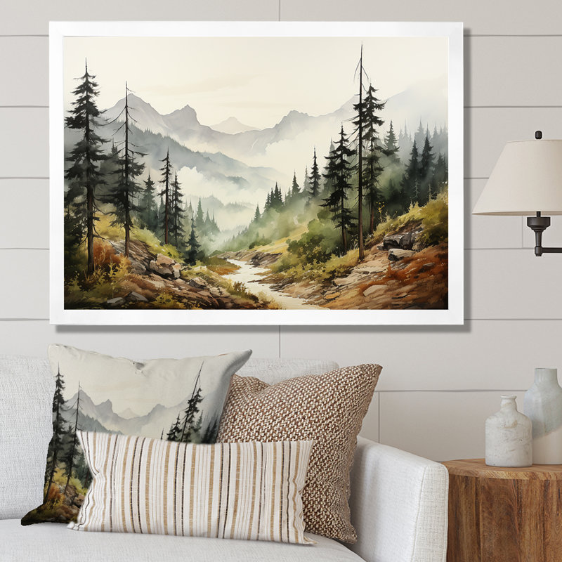 «Mountains Whisper Fog Serenity», art mural minimalisme, Cadre simple blanc, H 12 po x l 20 po x P 1 po