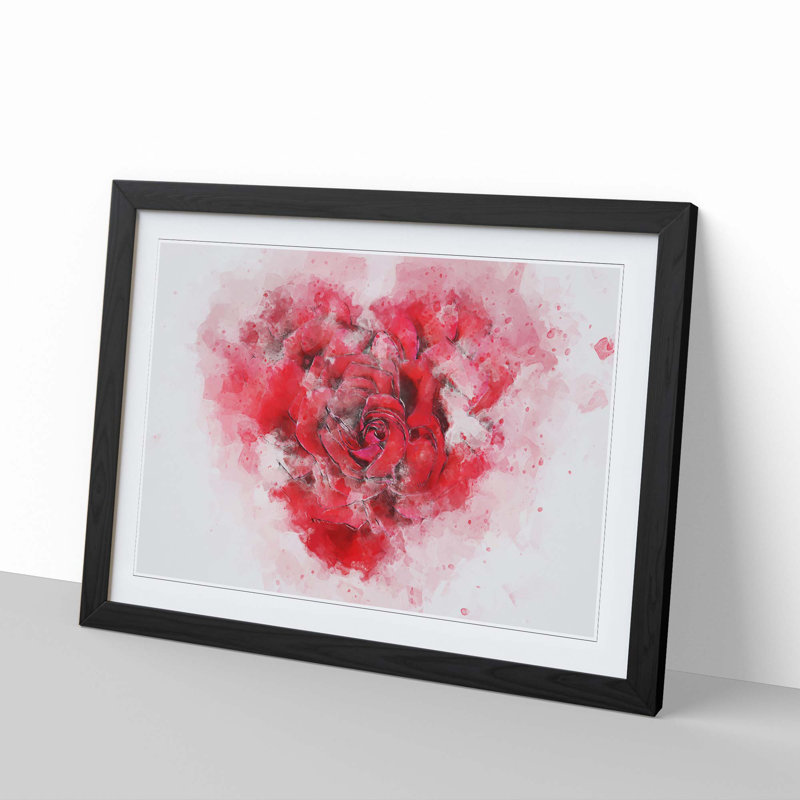 Red Rose Heart in Abstract - Picture Frame Painting Print, 48cm H x 65cm W x 2cm D, Black Framed