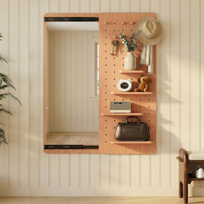 Miroir mural pleine grandeur avec rangement, miroir à panneau coulissant avec tablettes et crochets, miroir en bois d'hévéa avec rangement pour la chambre, le vestibule et le salon, 47,6 po x 15,9 po
