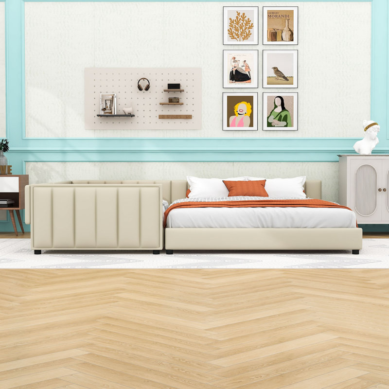 Upholstered Platform Bed with Slats, Beige