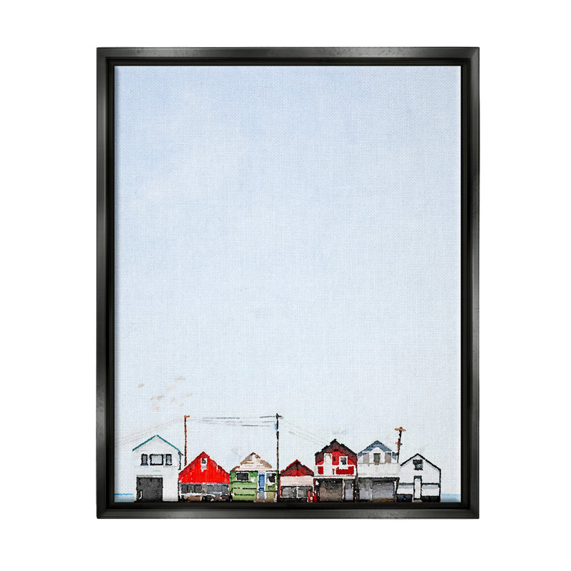 «Coastal Beach Shacks Sky View Floater», art mural par Kim Curationa, Toile avec cadre flottant noir