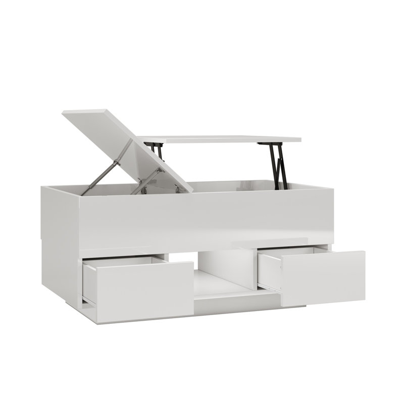  High Glossy LED Coffee Table With Lift Top Storage & 2 Drawers & Charging Station, White
