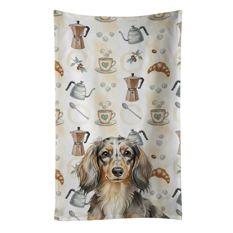 Longhaired Dapple Dachshund Coffee Bar Kitchen Towel, Longhaired Dapple Dachshund