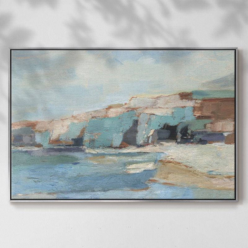Mur de falaise turquoise II, Toile argentée avec cadre flottant, H 27 po x l 41 po x P 2 po