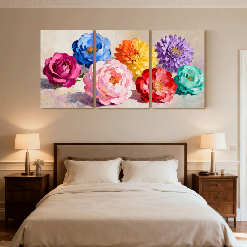 Plantes et fleurs, fleurs colorées sur toile, ensemble de 3 impressions sur toile, H 36 po x l 72 po