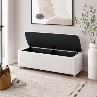 Banquette 59 po avec rangement en velours et pieds en bois d'hévéa massif, banc de bout moderne, grande capacité