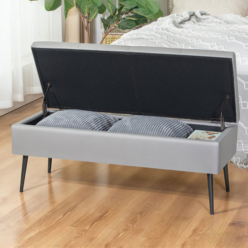Banc de rangement avec repose-pieds 42 po en similicuir avec pieds en métal, Gris