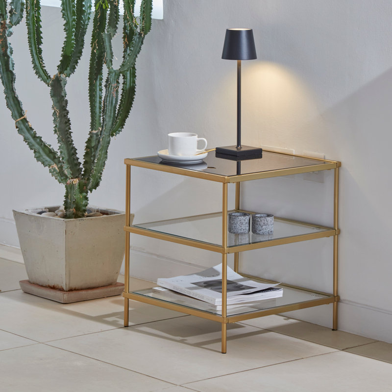 Vicente Glass Top Frame End Table, Brushed Gold