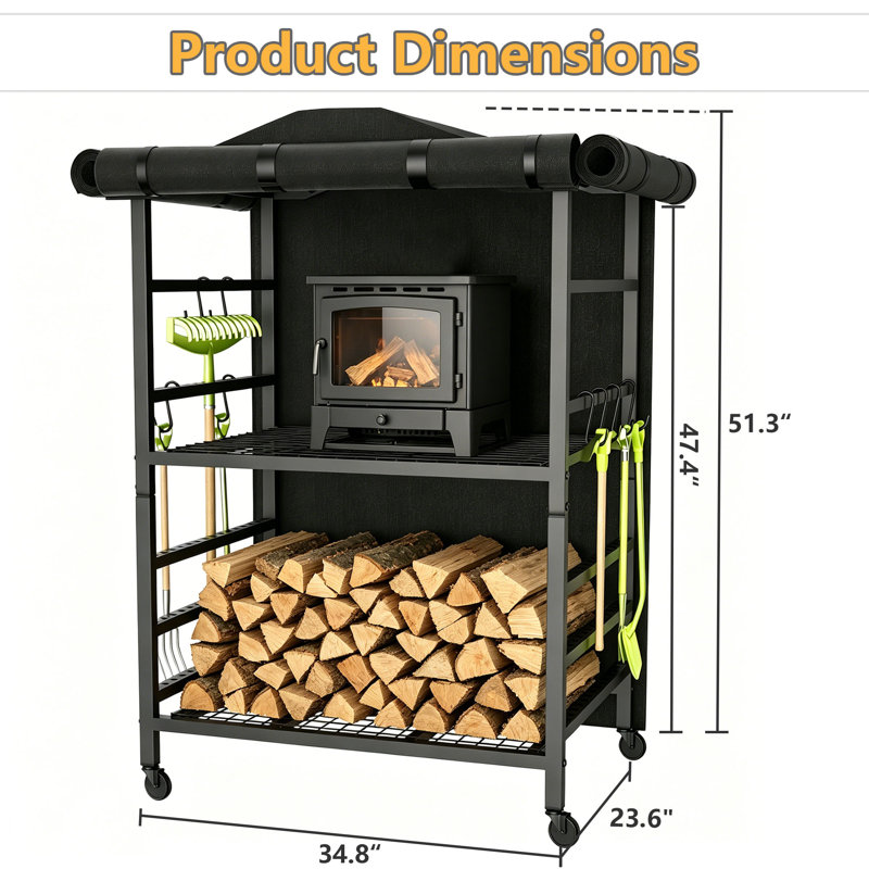 Outdoor Wood Storage Shed with Adjustable Shelf - Waterproof PVC Cover, Heavy Duty Steel Log Rack with Hooks for Fireplace, Fire Pit, Yukon & Bonfire