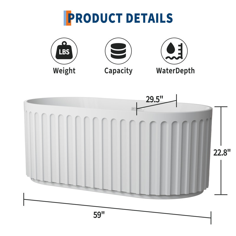 59" Freestanding Bathtub, Deep Soaking Tub with Non-Slip Base, Acrylic Free Standing Tub, CUPC Certified Stand Alone Tub, Modern Bathroom Soaker Tub with Chrome Drain, Easy Install, White