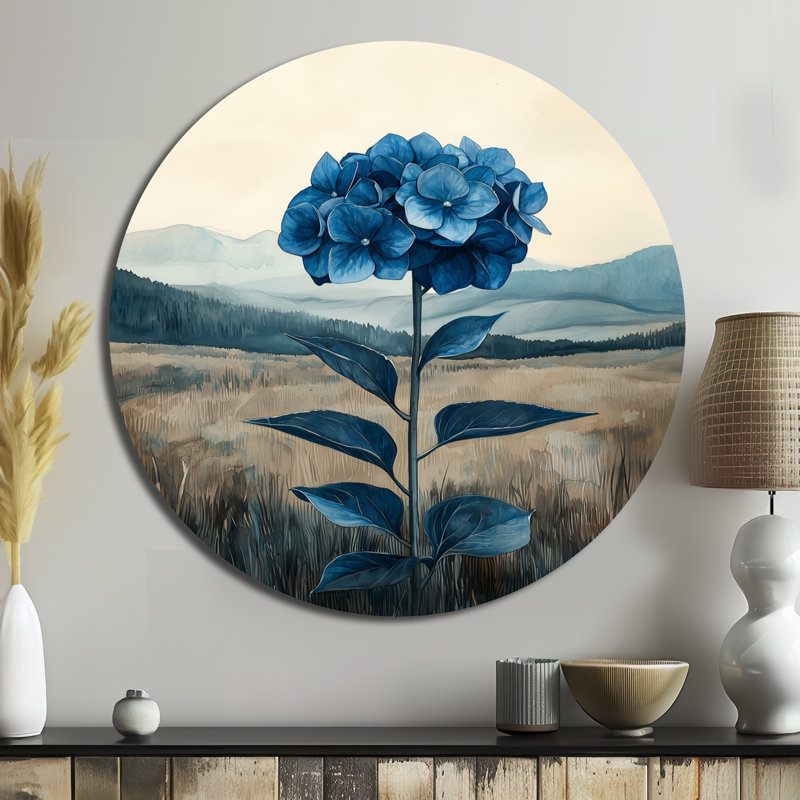 Minimalisme hortensia dans un champ monochrome - hydrangées rondes, art mural en métal, H 16 po x l 16 po