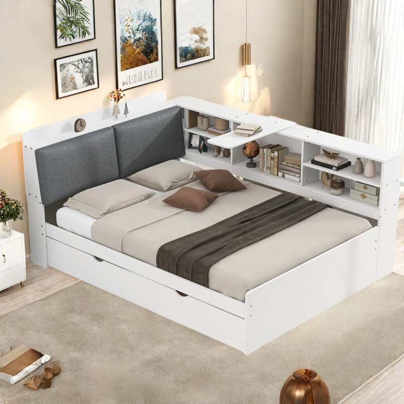 Daybed With Trundle, Storage Shelves, Upholstery Headboard And Rotatable Storage Board, White/Gray, Full/Double