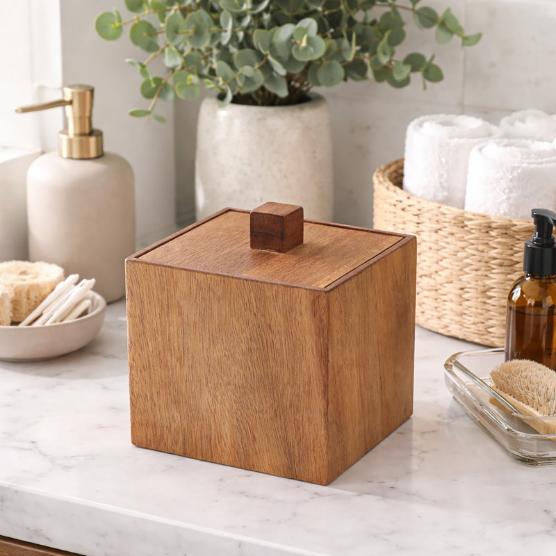 Square Acacia Wood Storage Box with Lid