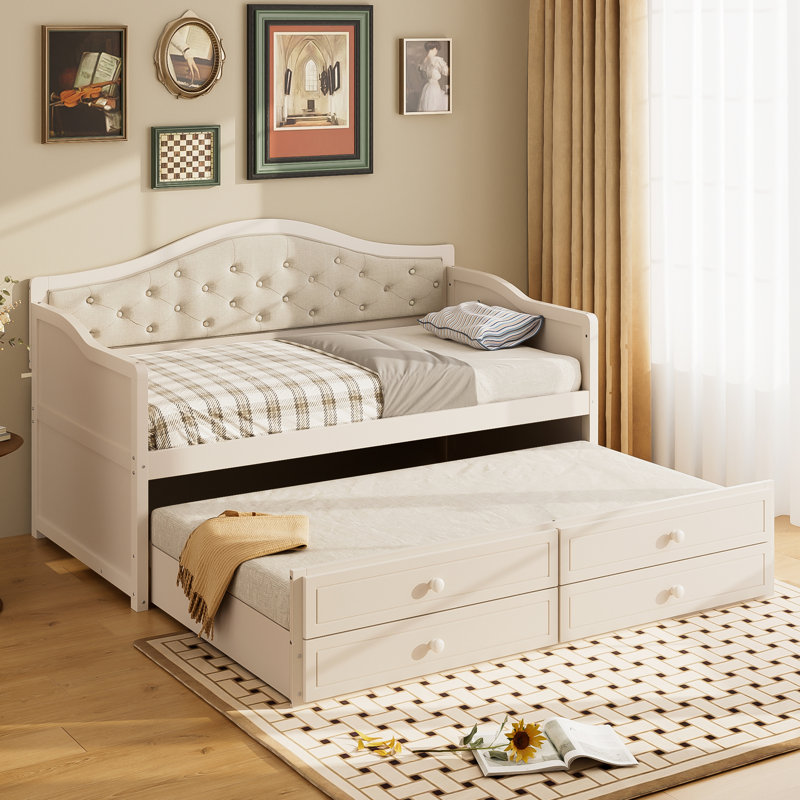 Upholstered Daybed With Trundle And Tufted Backrest, Beige