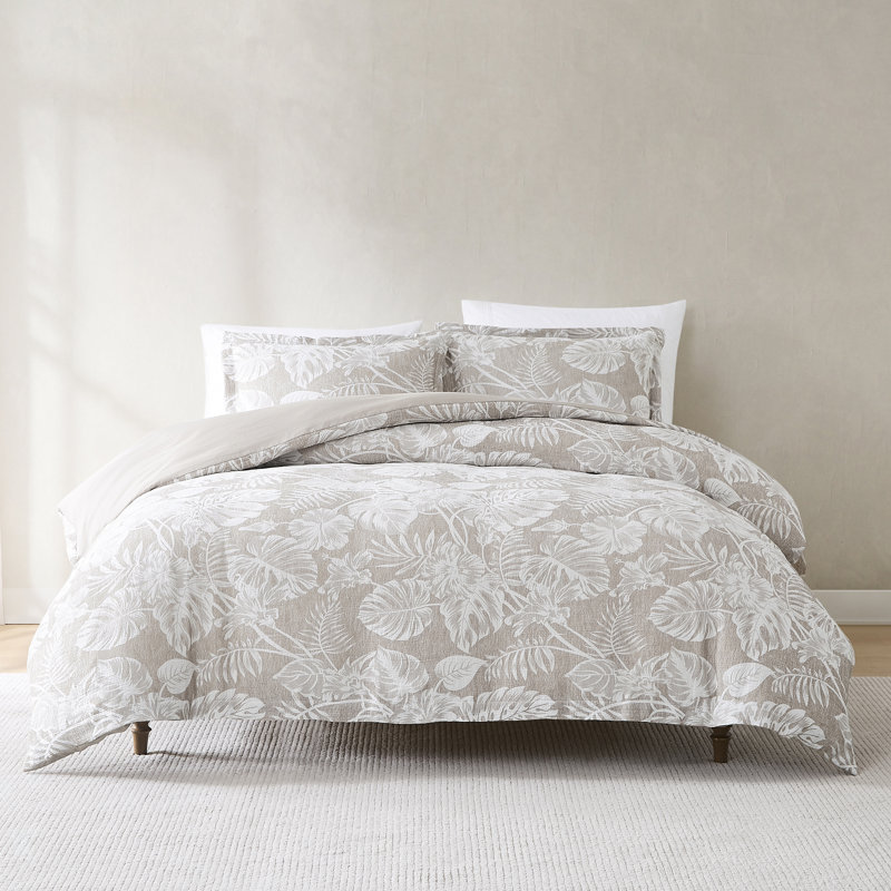 Bali Tropical Leaves Gauze Jacquard Duvet Cover Neutral 3Pc Set, King Duvet Cover + 2 Shams