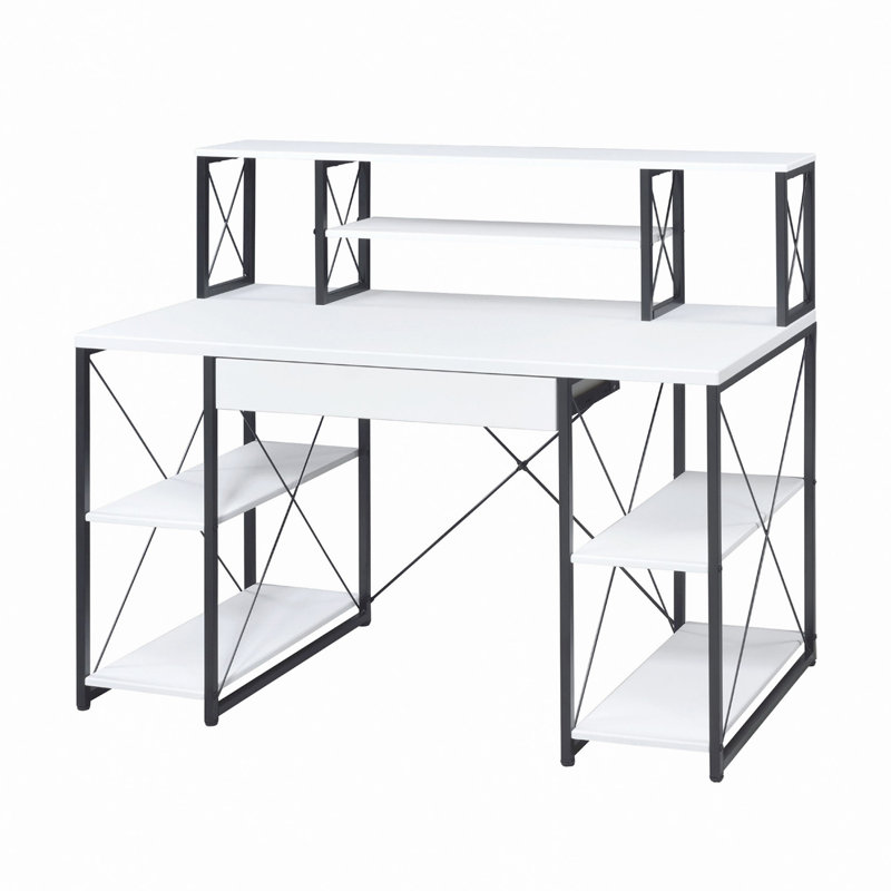 Bureau avec tablettes ouvertes et huche, Blanc