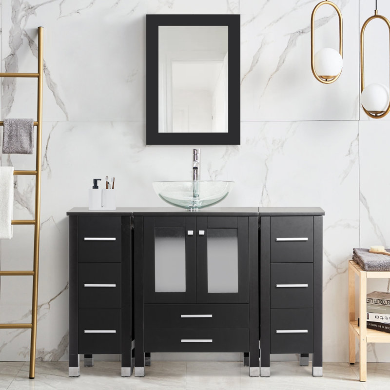 Getzel 48 Single Bathroom Vanity with Wood Top, Vessel Sink, Zinc Alloy Faucet, Solid Wood Legs, Black, Clear