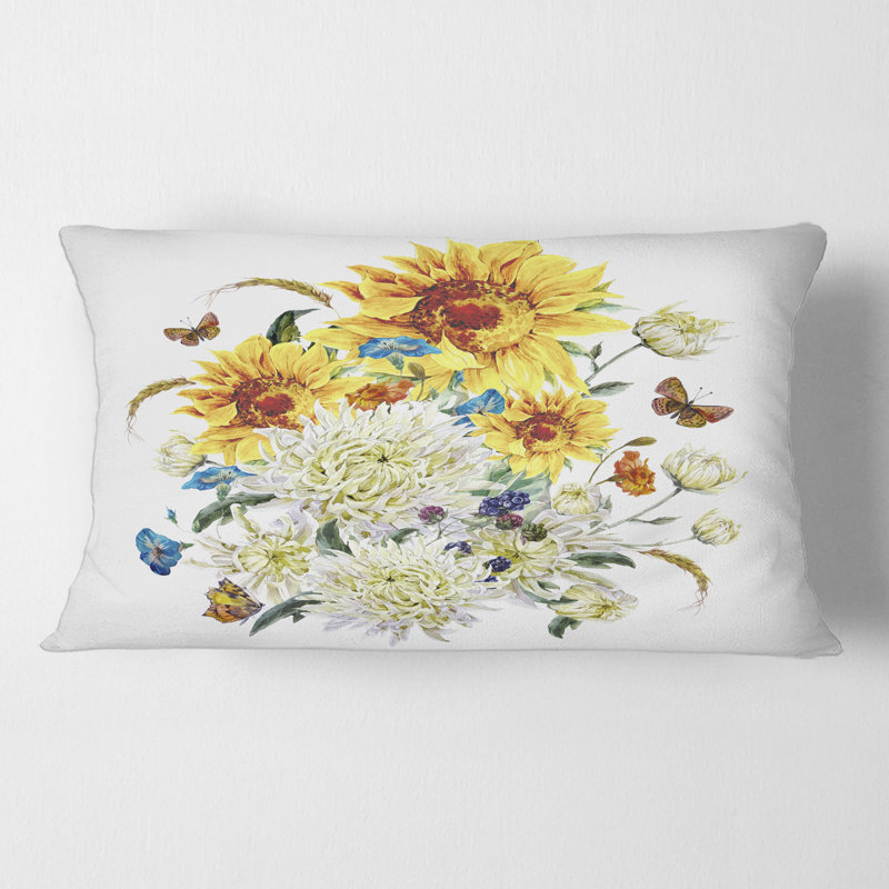 Rectangle,Vintage Chrysanthemums And Sunflowers - Traditional Printed Throw Pillow