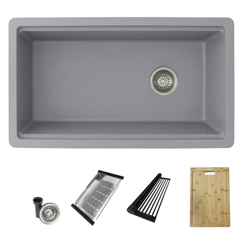STYLISH Pietra Canmore 32" Dual-Mount Workstation Single Bowl Quartz Composite Granite Kitchen Sink with Cutting Board, Colander, Drying Rack and Strainer