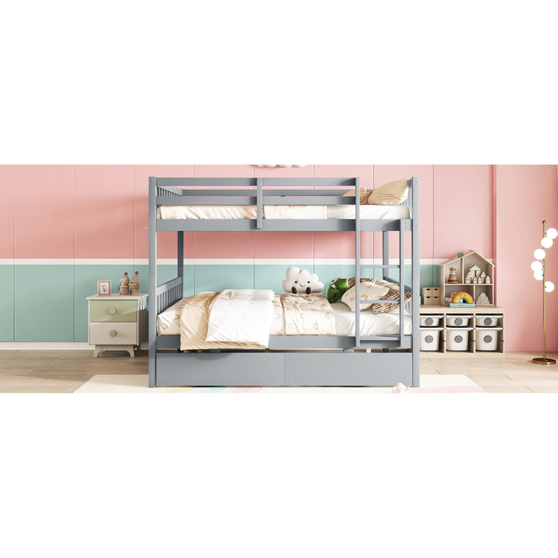 Lit superposé gris double avec lits amovibles et 2 tiroirs pratiques - finition en bois d'hévéa, Gris