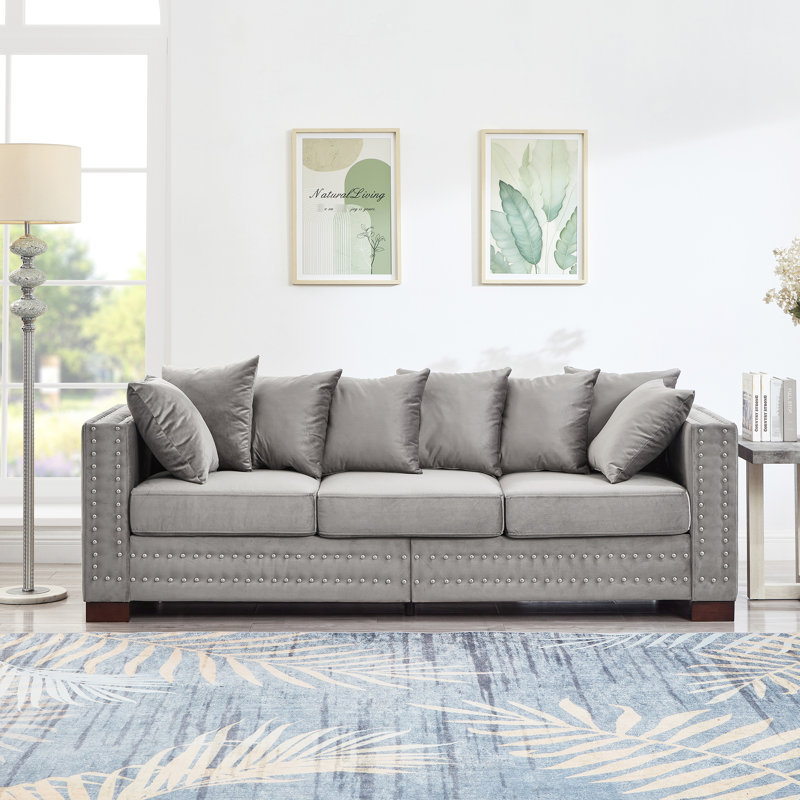Velours gris à 3 places de style moderne, carré avec clous argentés, structure en bois massif, coussin à ressorts, housse amovible, décoration avec accoudoirs et clous de rangement, dessous confortable