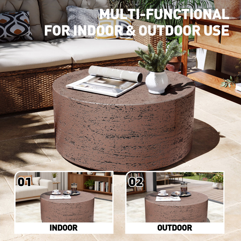 Table basse de patio en oxyde de magnésium 28 po, imperméable, pour le salon, d'extérieur, ronde, rouge rouille