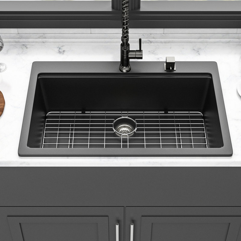 33X22" Black Quartz Workstation Sink For Kitchen, Made Of Advanced Material, Non - Porous To Reduce Dirt, Rounded Corners Easy Wiping, Package With Drying Rack And Strainers Granite Composite Kitchen