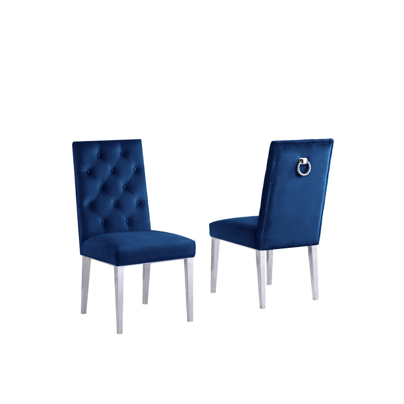 Chaise parsons capitonnée à boutons Carnahan, Bleu marine, Argent argent